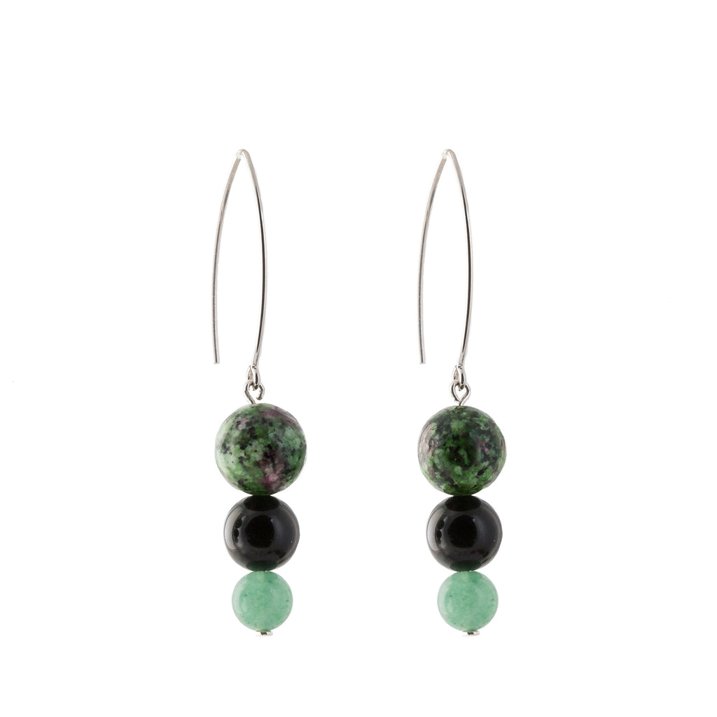 Drop Earrings - Green Zeolite, Black Onyx and Green Agate