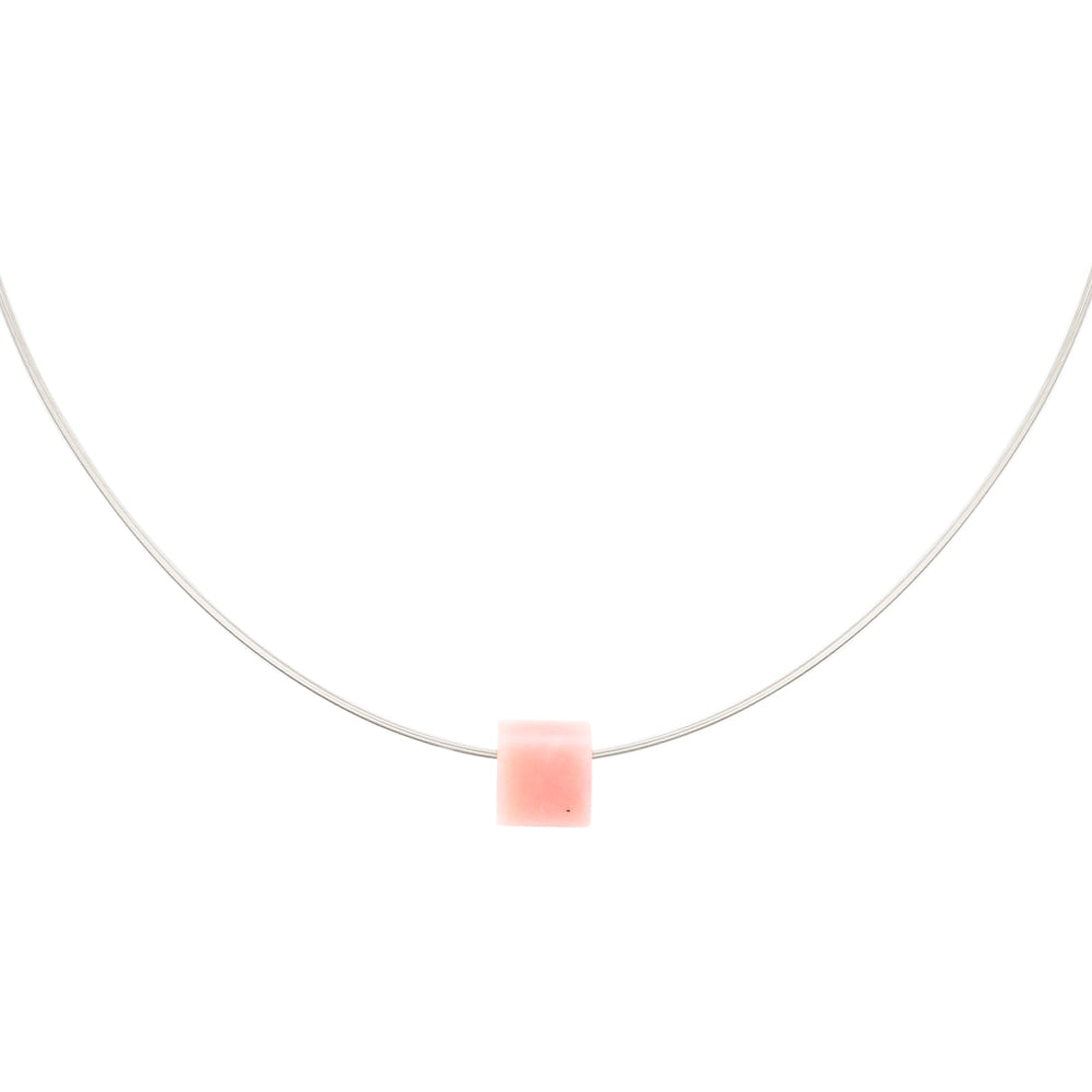simple necklace pink opal square pendant on silver cable