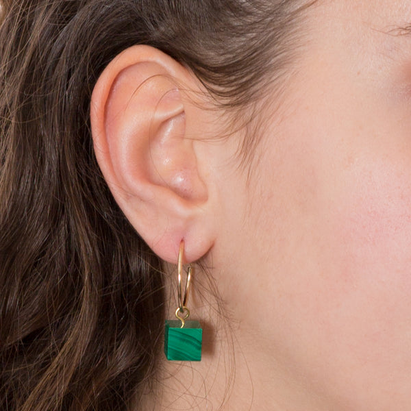Hoop Earrings - Malachite Cube
