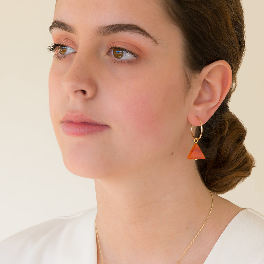 Alistair R Triangle Carnelian on Gold Filled Hoop on model