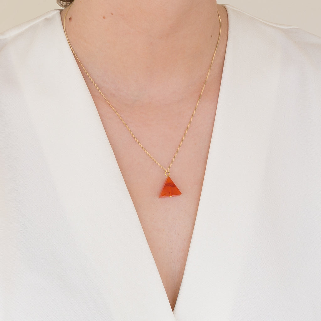 Alistair R modern necklace designs, carnelian triangle on fine gold chain