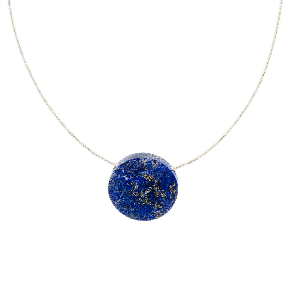 large round lapis pendant on silver necklace 