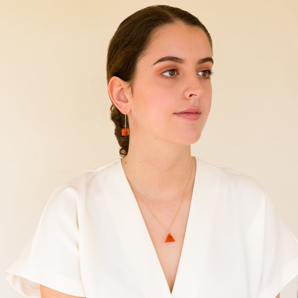 Alistair R modern necklace designs, carnelian triangle on fine gold chain, Carnelian Cube gold drop and stud Earrings 