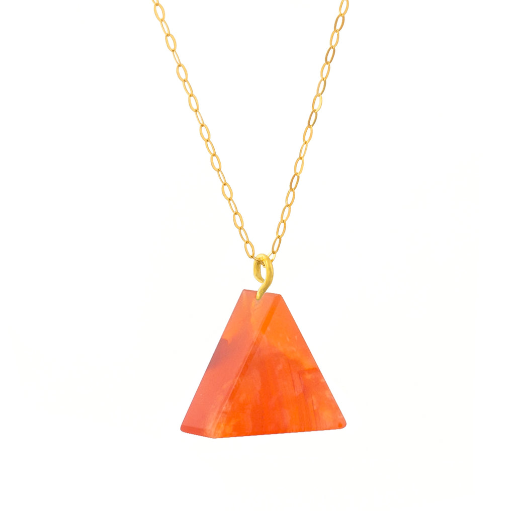 Alistair R modern necklace designs, carnelian triangle on fine gold chain