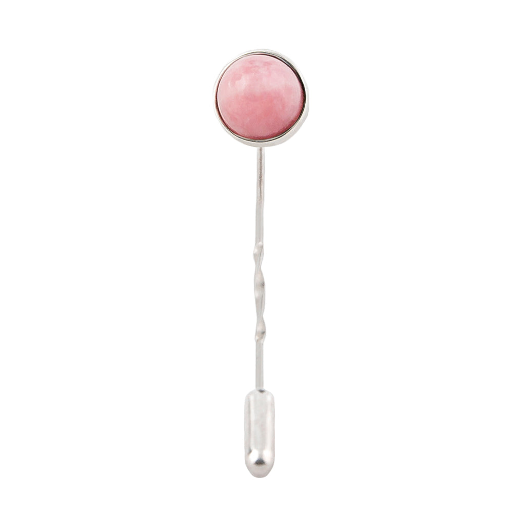Pink gemstone lapel pin Rhodochrosite round cabochon set in silver