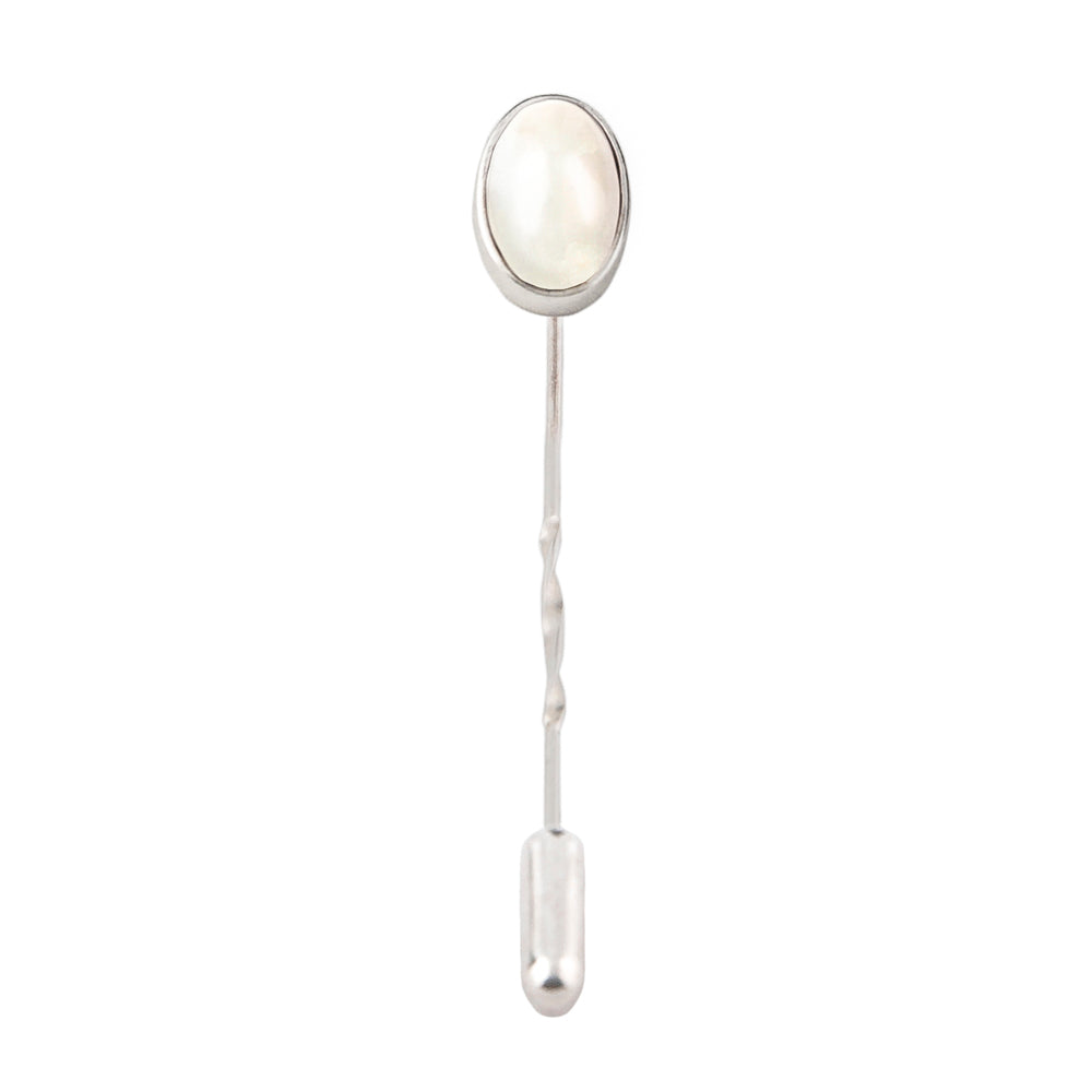lapel pin mother of pearl oval cabochon set in silver