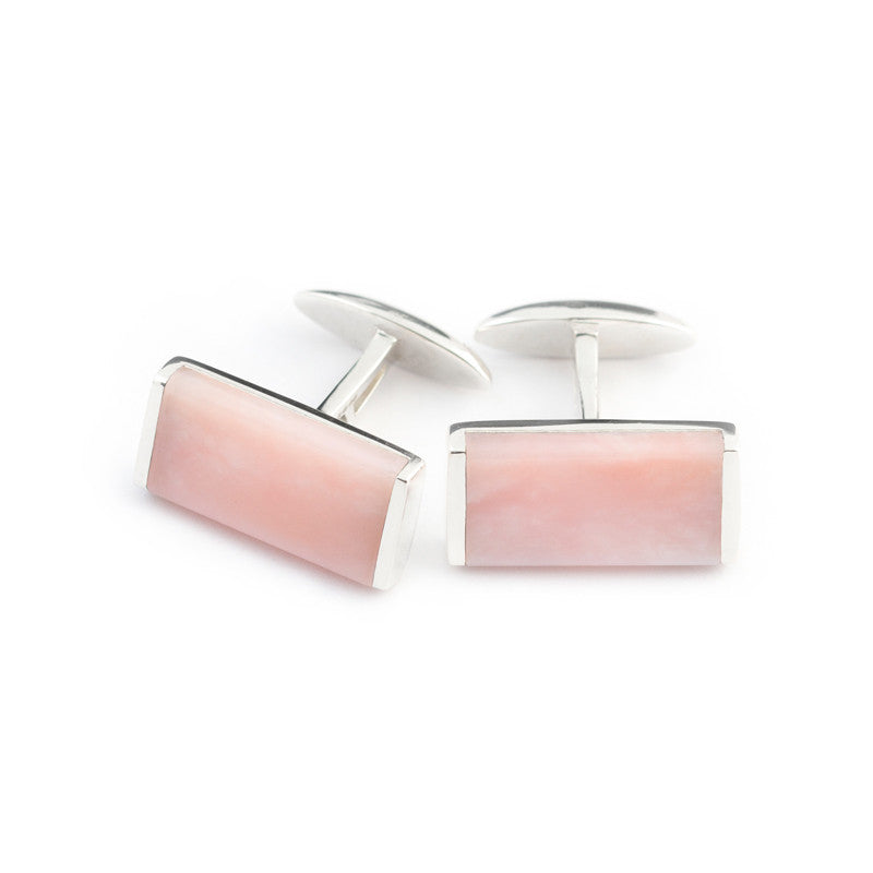 pink opal cufflinks in silver setting 