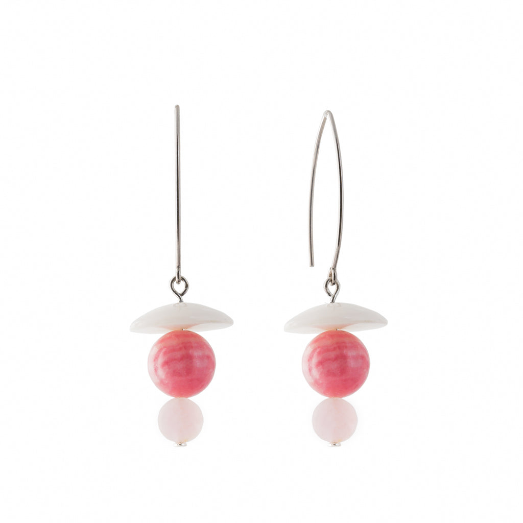 Rose Quartz Earrings with Rhodochrosite and Agate on silver hoops
