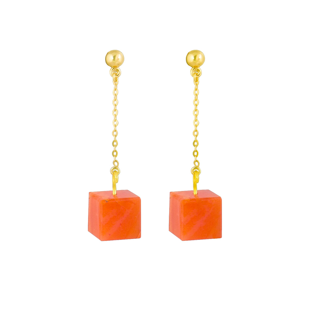 Drop earrings gold with carnelian cube
