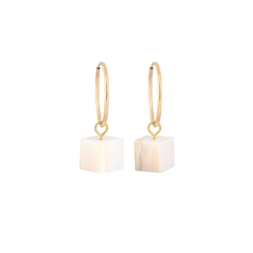 Mother of Pearl Cube on Gold Hoop Earrings