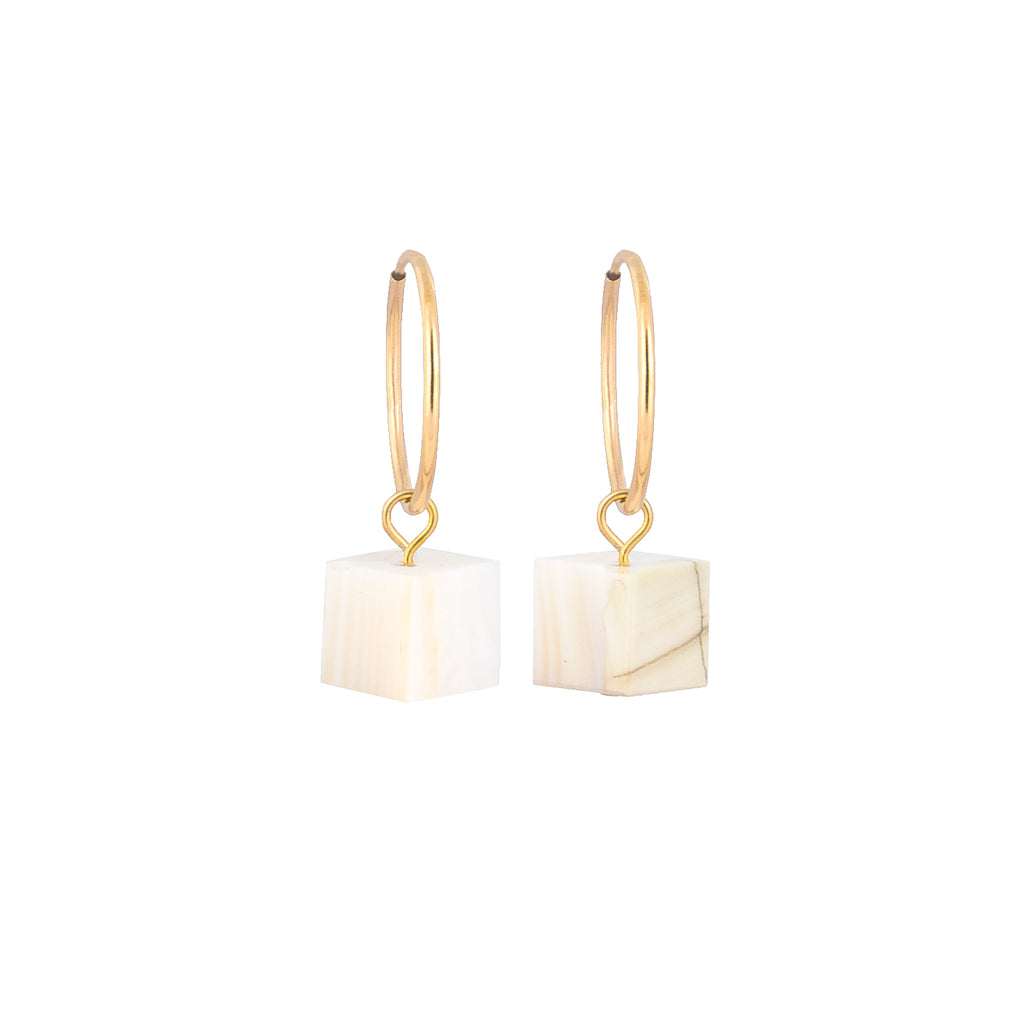 Mother of Pearl Cube on Gold Hoop Earrings
