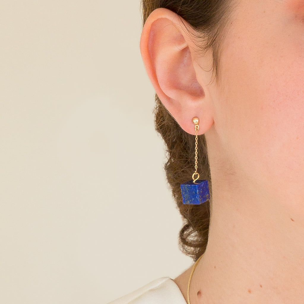 Drop Earrings Lapis Lazuli Cube on Gold Stud & Chain