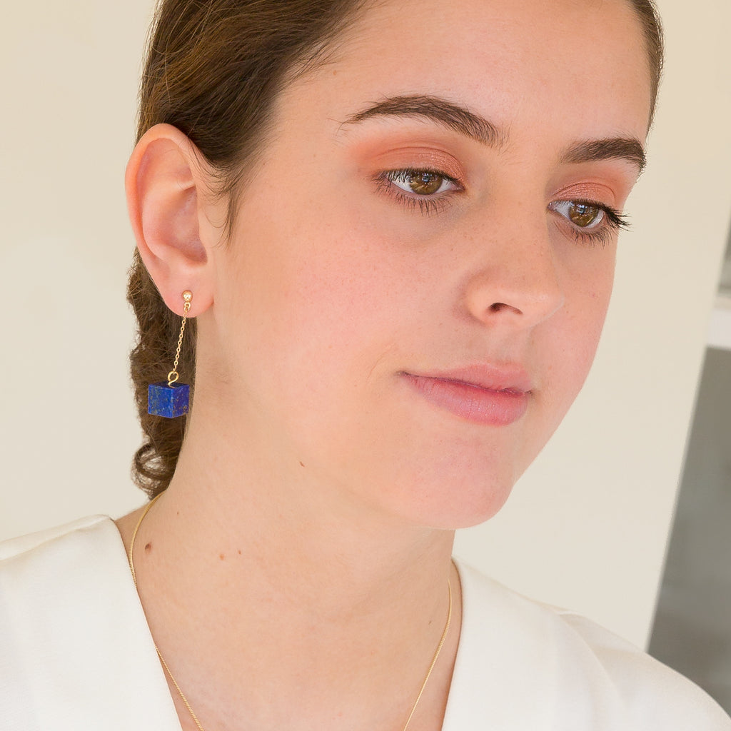 Drop Earrings Lapis Lazuli Cube on Gold Stud & Chain