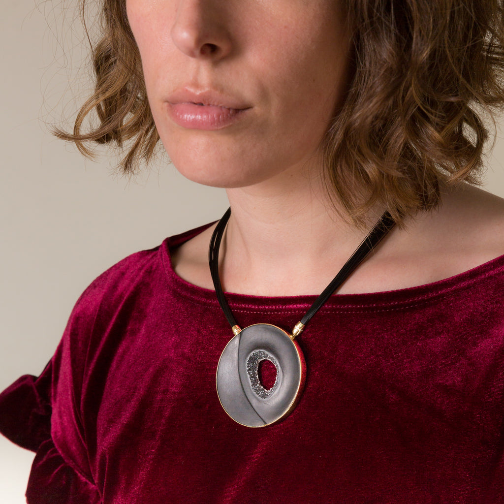 Black Onyx Druzy and Diamond Necklace
