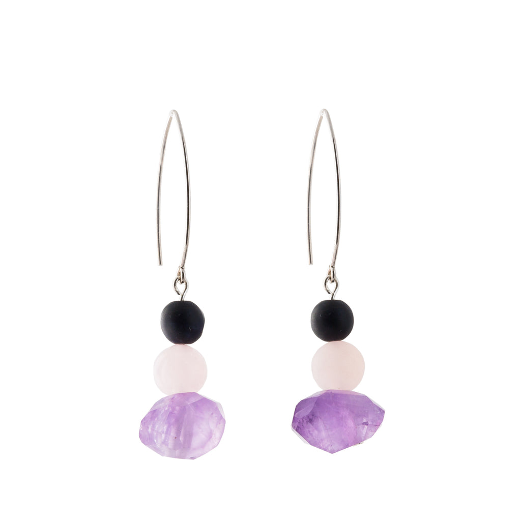 Drop Earrings - Amethyst, Rose Quartz and Onyx