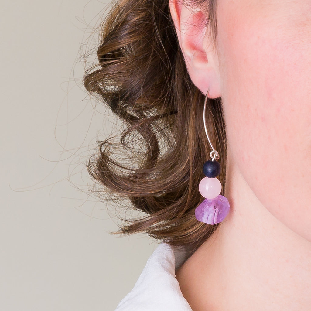 Drop Earrings - Amethyst, Rose Quartz and Onyx