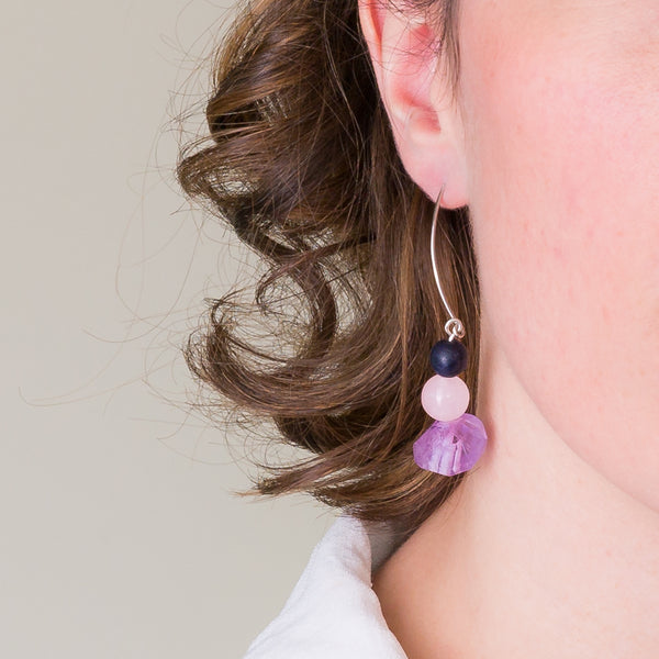 Drop Earrings - Amethyst, Rose Quartz and Onyx