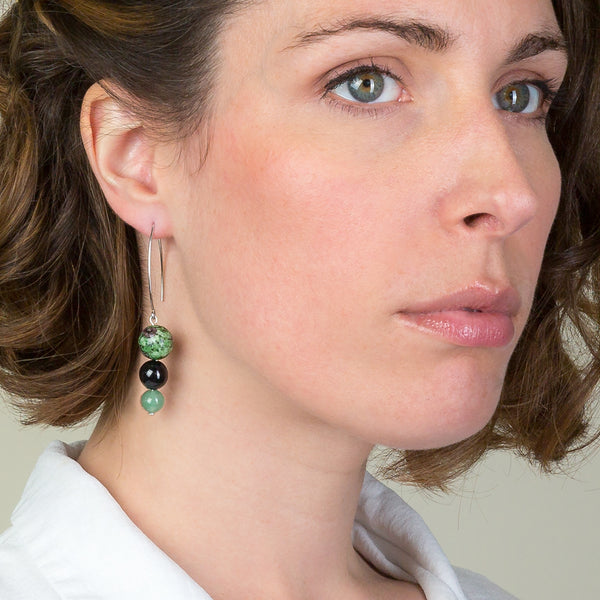 Drop Earrings - Green Zeolite, Black Onyx and Green Agate