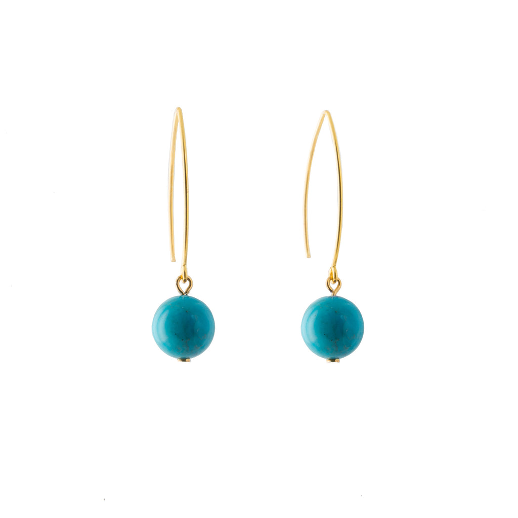 turquoise earrings, orb shape on gold hoop