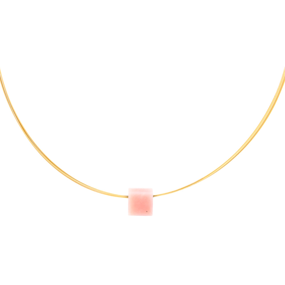 simple necklace pink opal square pendant on gold cable 
